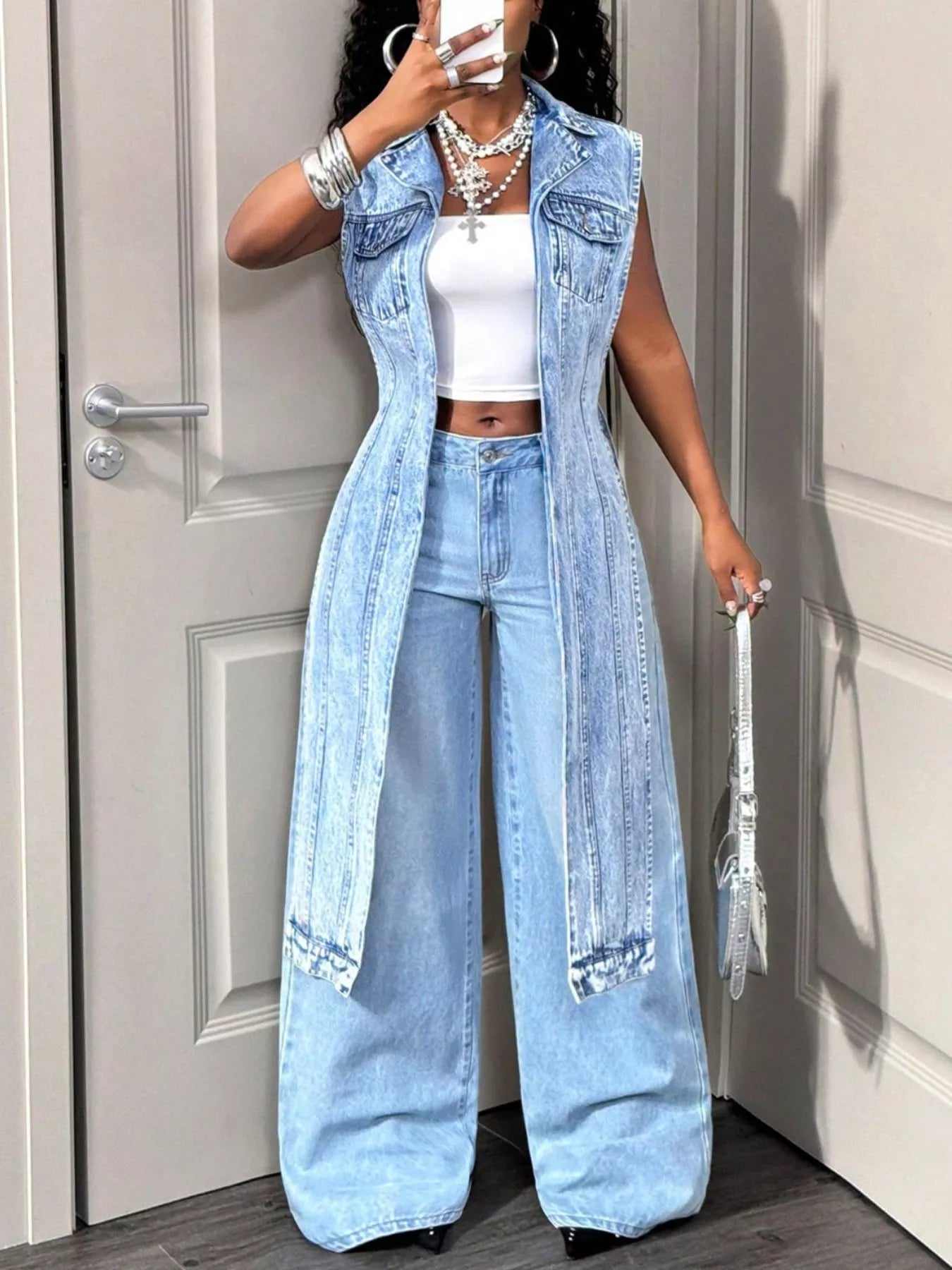 High-Low Open Front Denim Vest