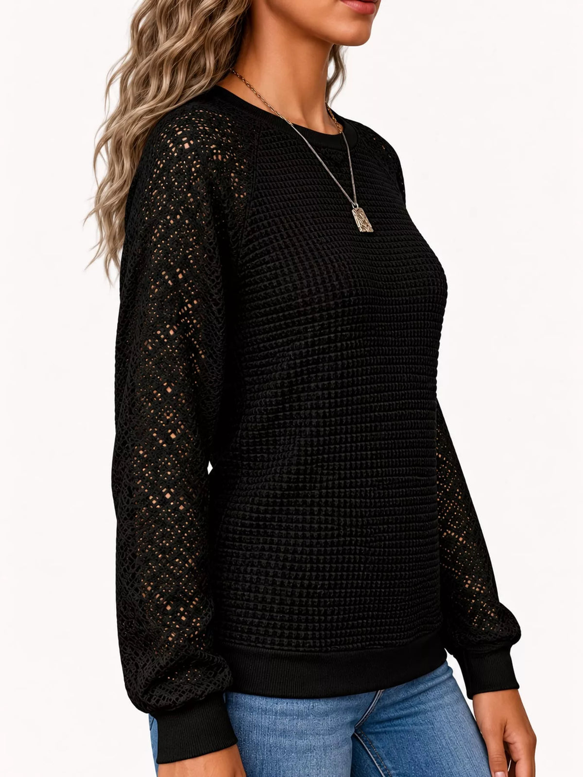 Waffle Knit Lace Sleeve T-Shirt