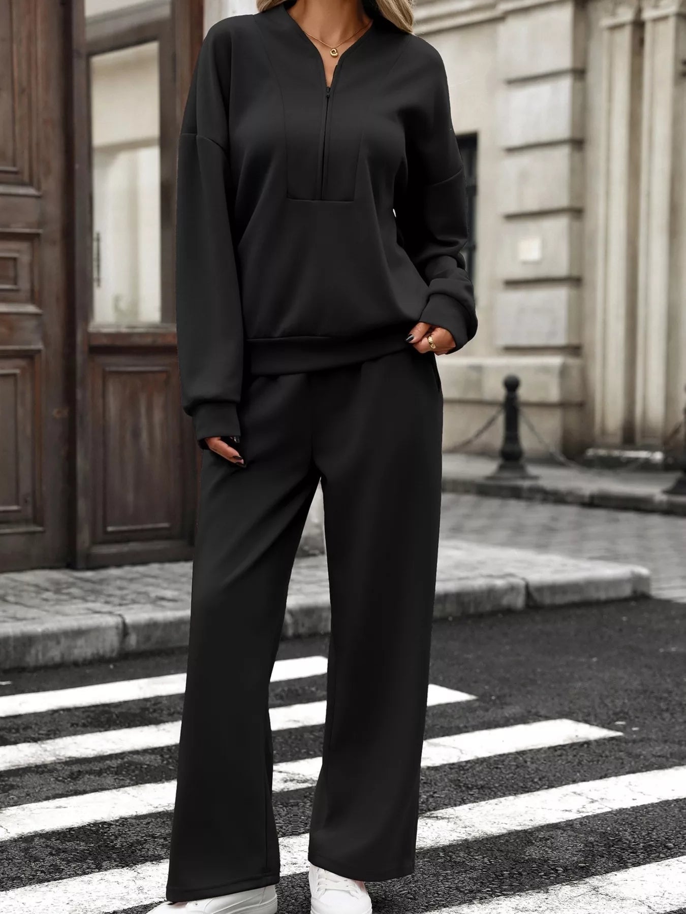 Half Zip Sweatshirt and Wide-Leg Pants Set