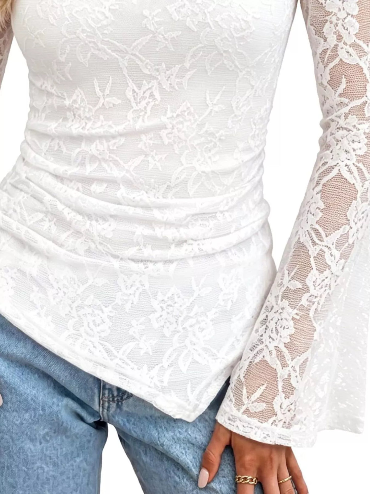 Floral Lace Long Sleeve Blouse with Flared Cuffs