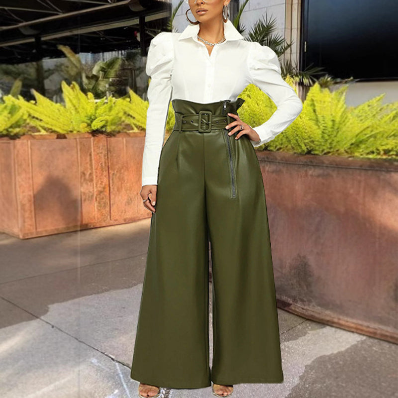 Women's Fashion High-Waisted PU Wide-Leg Pants, Solid Color Metal Belt Detail Trousers With Pockets (See size chart where applicable)