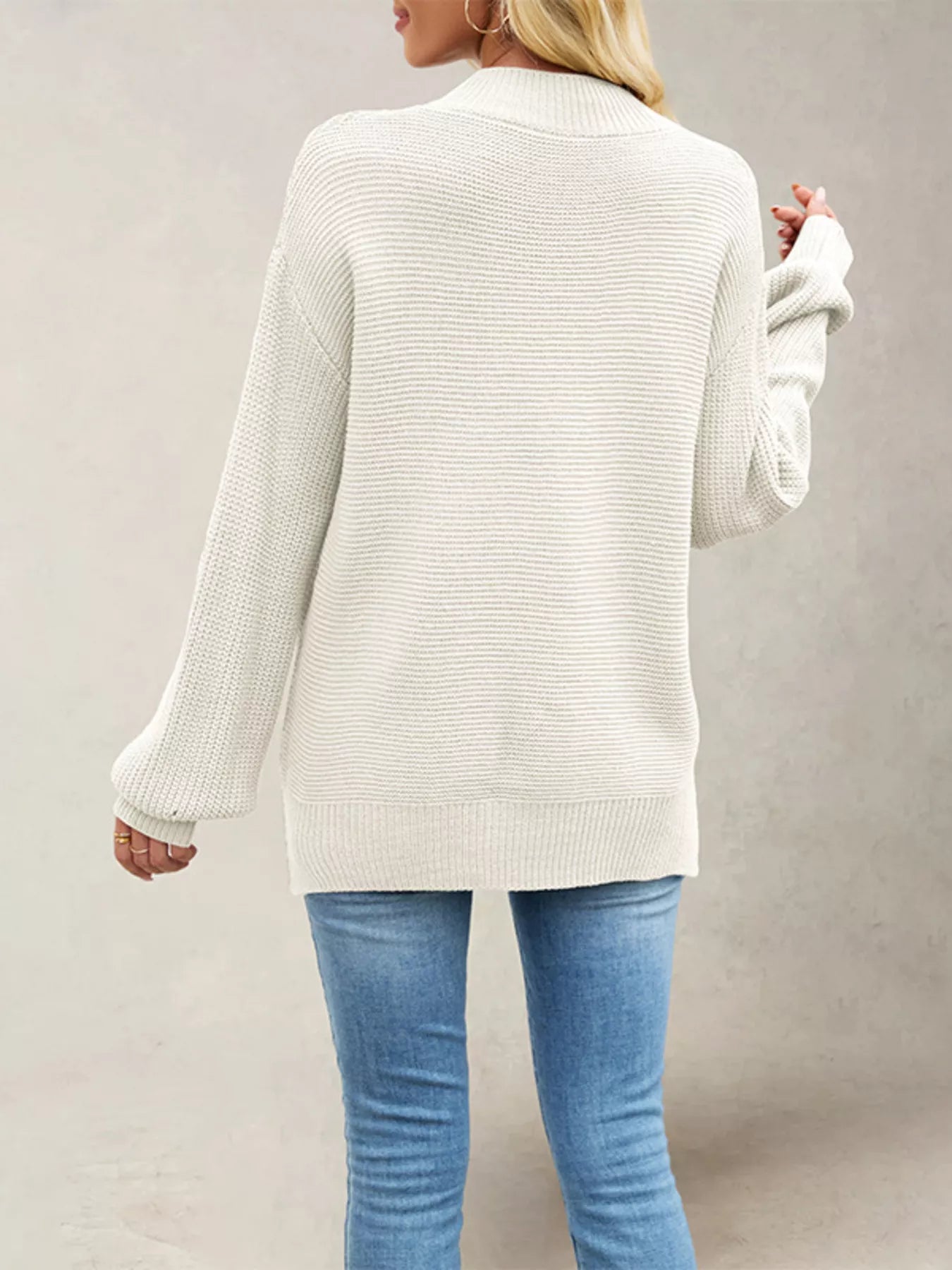 Ribbed Mock Neck Drop Shoulder Sweater