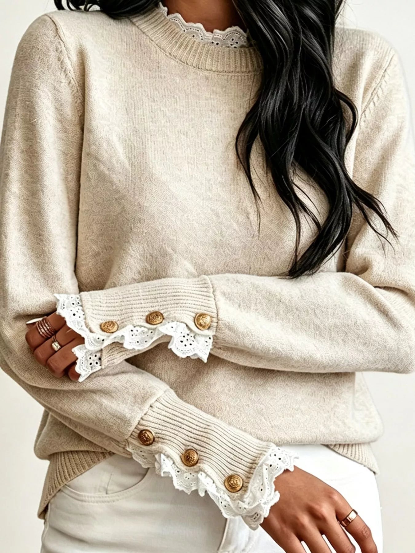 Lace Trim Mock Neck Sweater