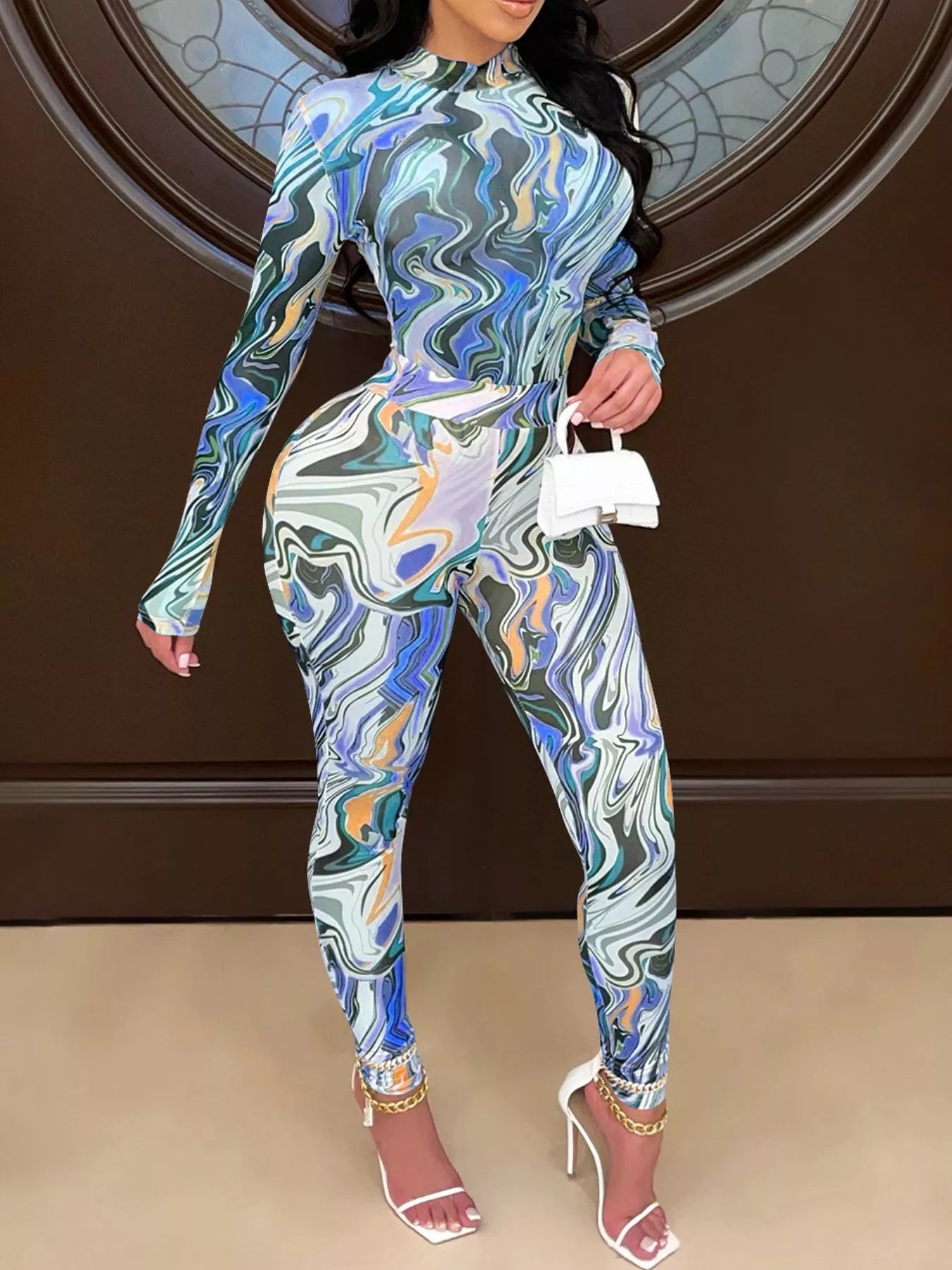 Abstract Swirl Print Top and Pants Set