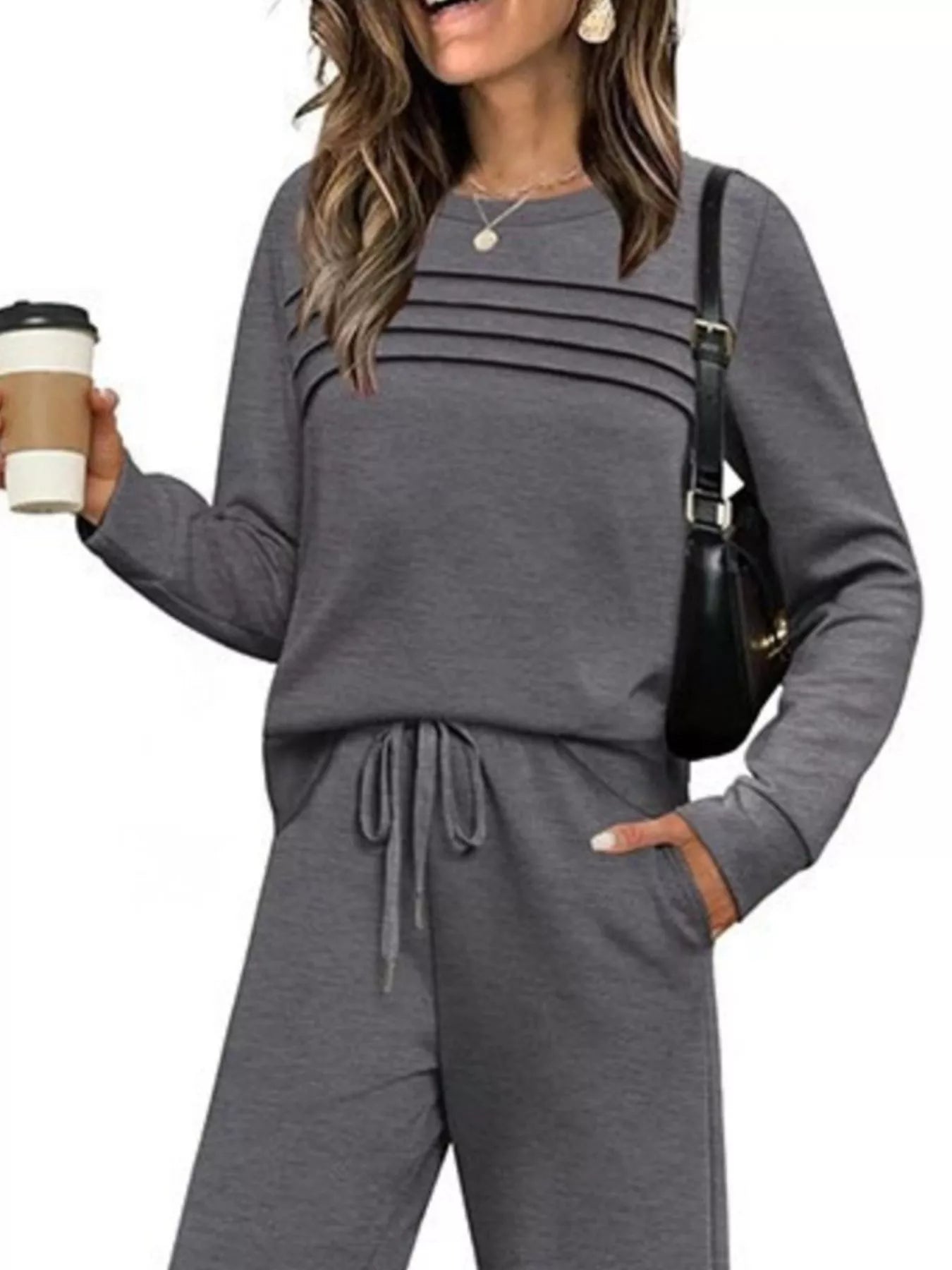 Full Size Long Sleeve Round Neck Top and Pants Set Plus Size