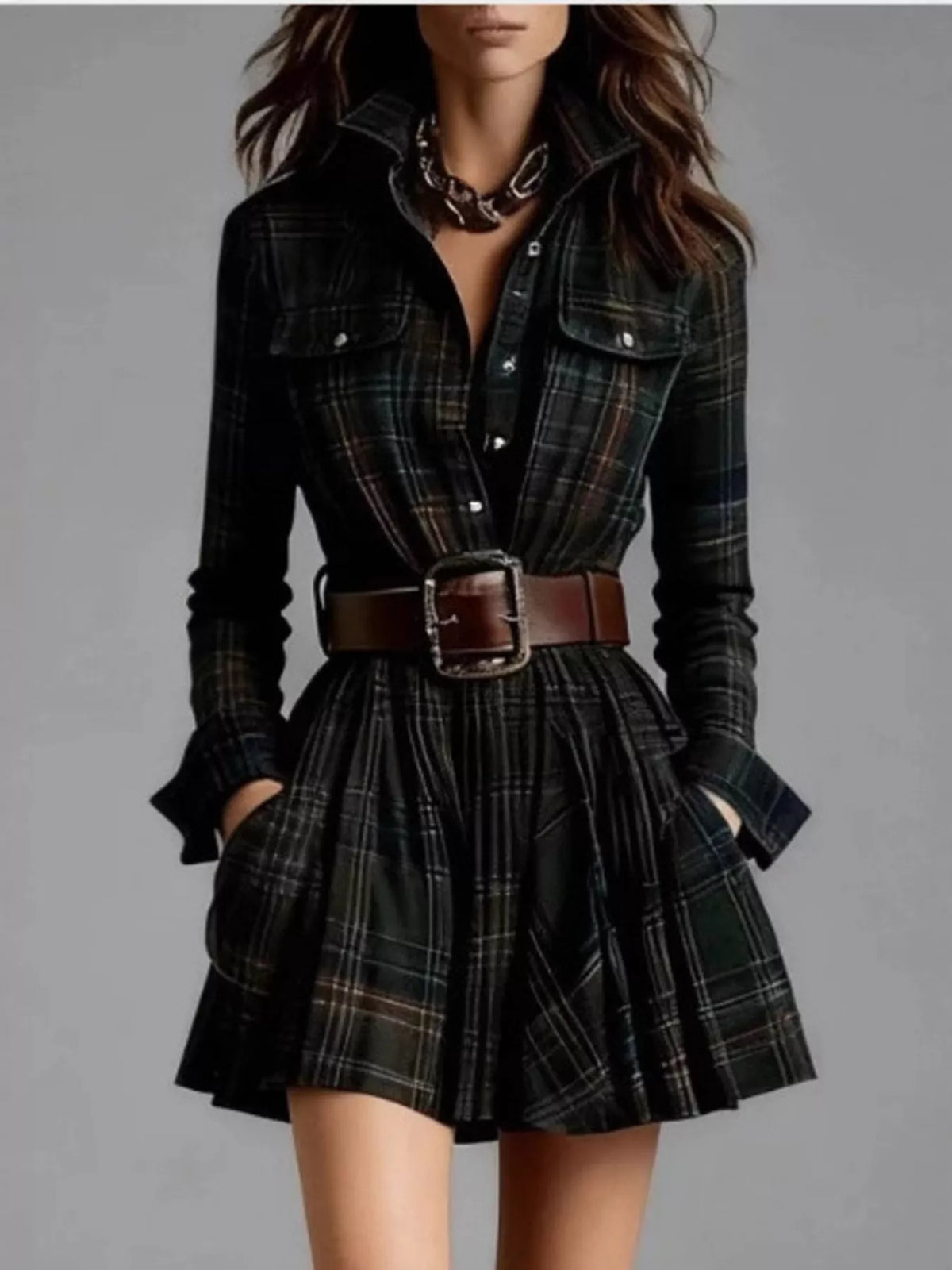 Plaid Long Sleeve Shirt Dress