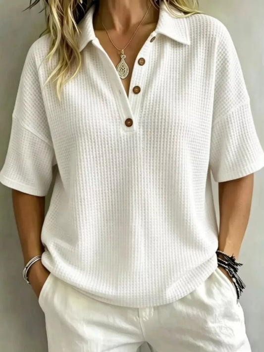 Full Size Waffle Knit Polo Top with Button Detail Plus Size