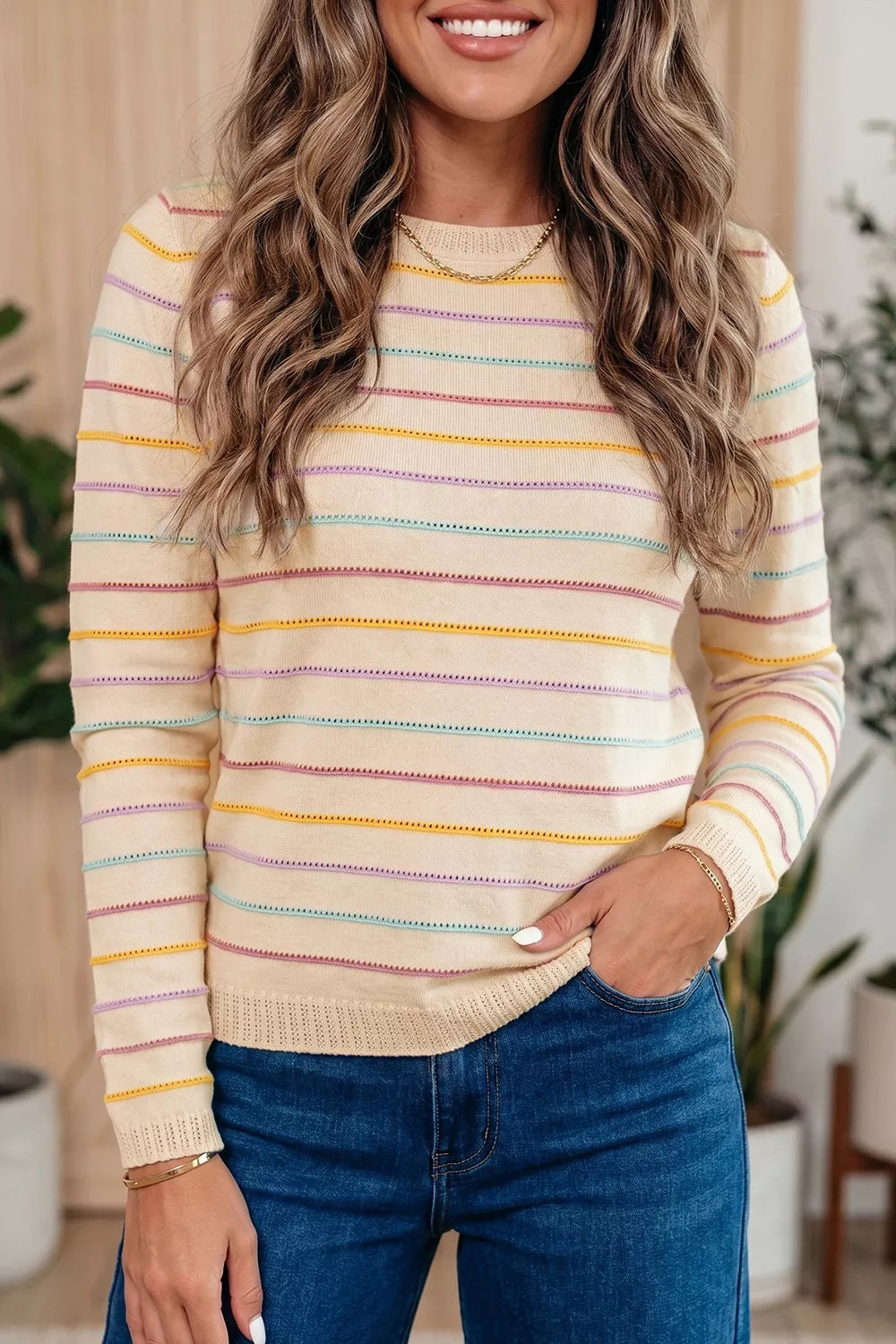 Stripe Colorful Stripes Crew Neck Knit Sweater