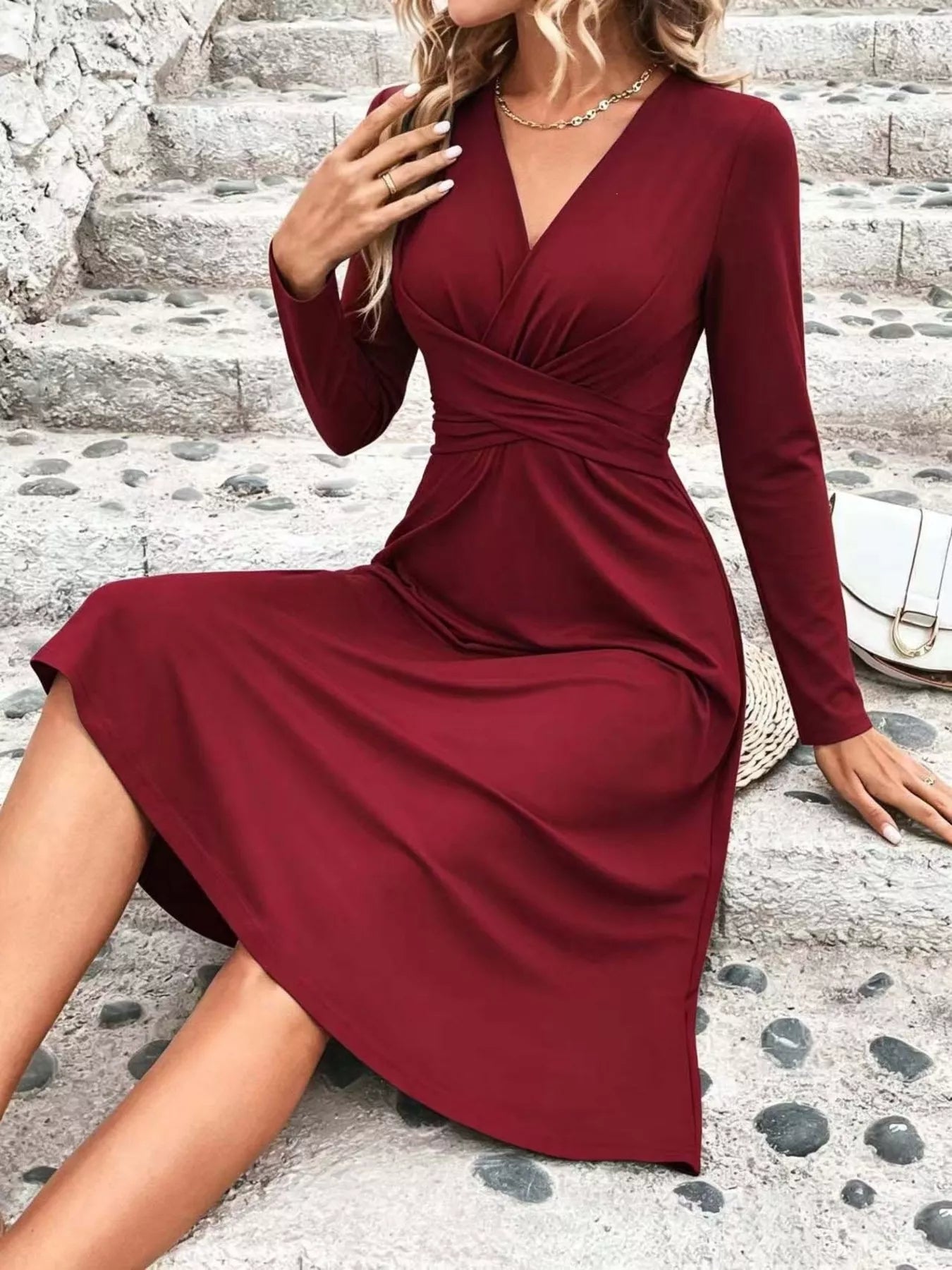 Surplice Long Sleeve Midi Dress