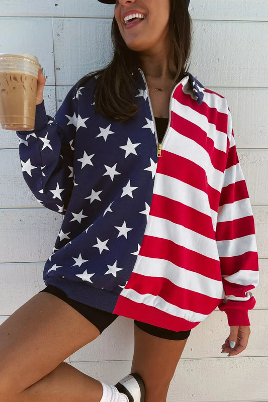 American Flag Print Half Zip Sweatshirt