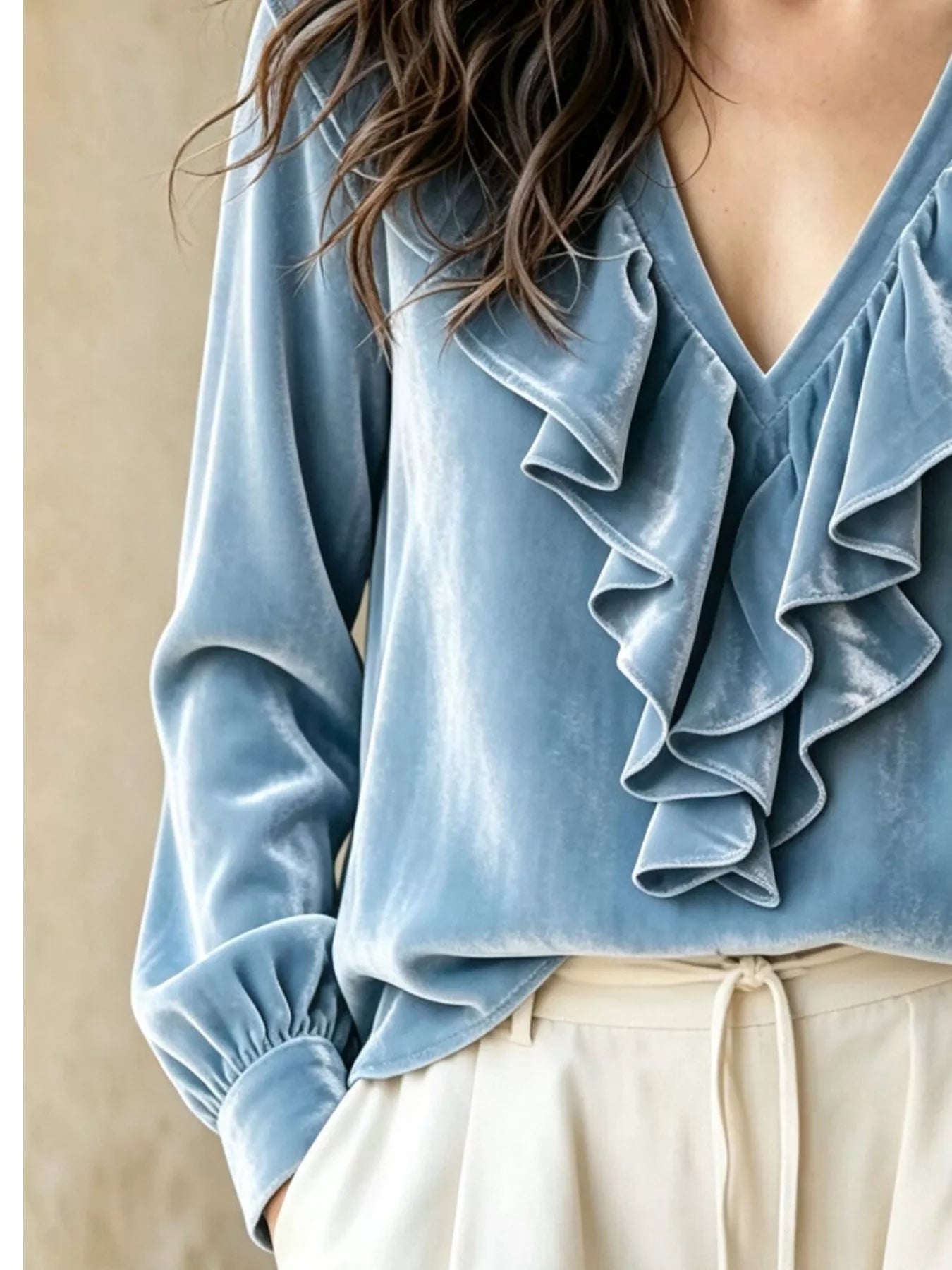 Ruffled V-Neck Long Sleeve Blouse