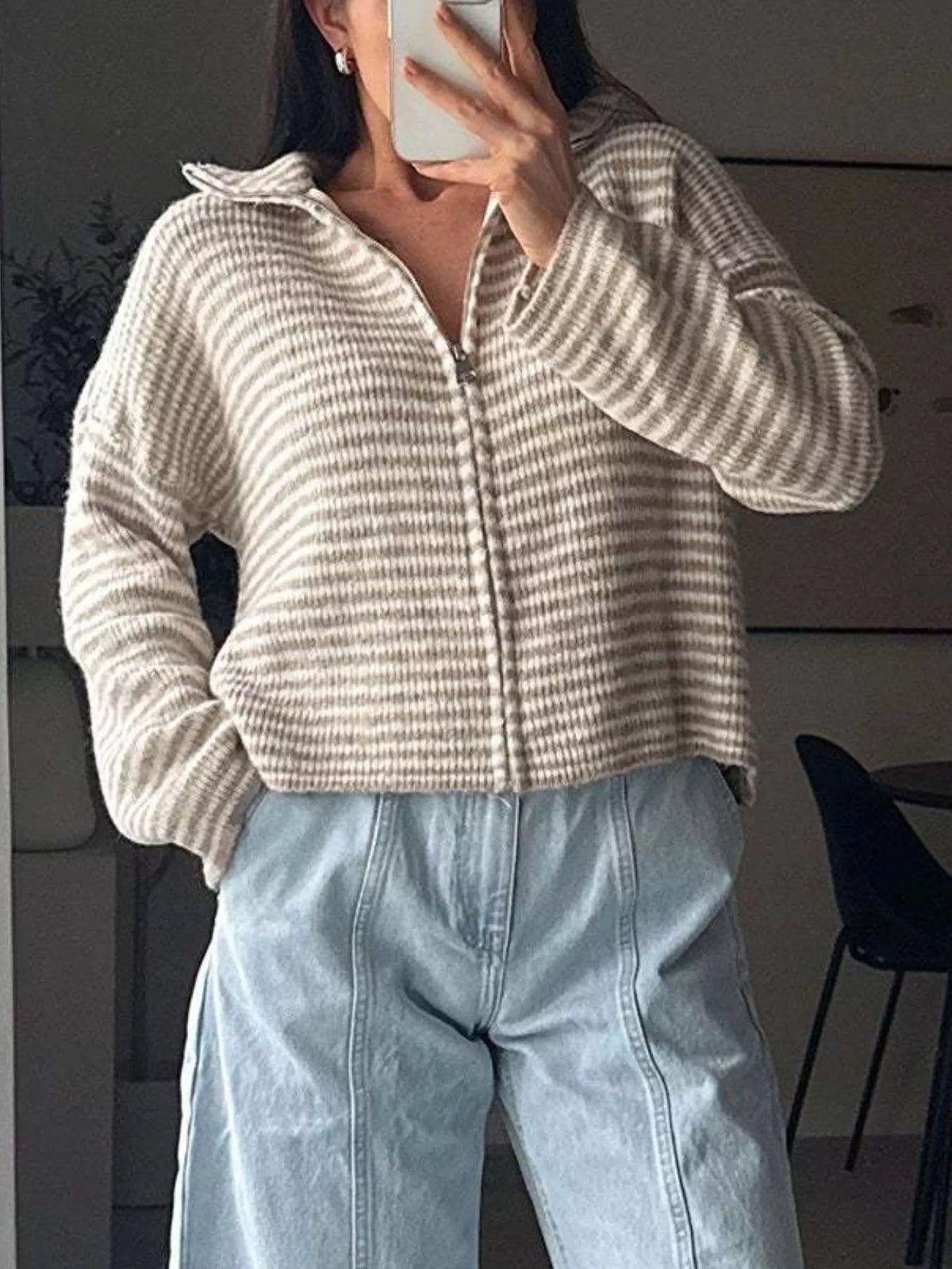 Striped Zip-Up Knit Cardigan