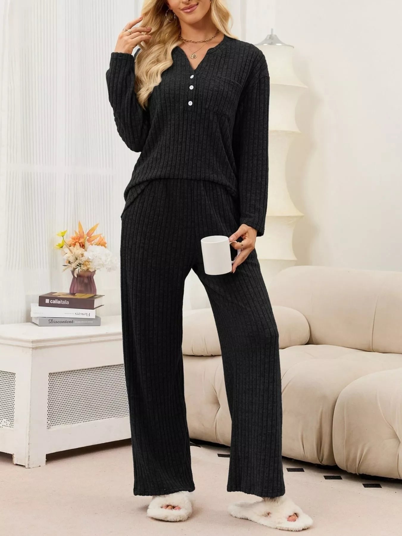 Ribbed Knit Top and Wide-Leg Pants Set