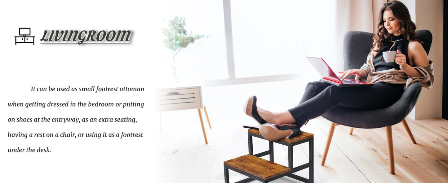 2-Step Stool for Adults & Kids, Heavy-Duty Steel & Wooden, Supports 500lbs, Ideal for Kitchen, Bedroom, Bathroom