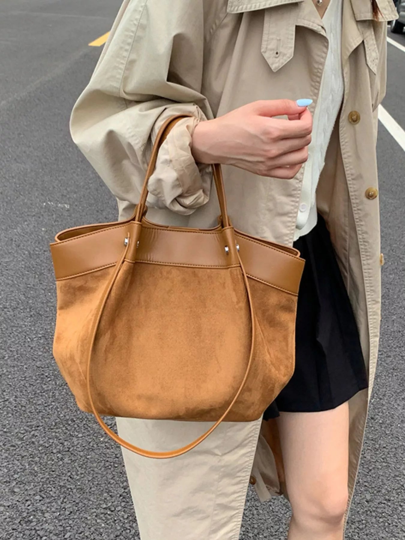 Suede and Leather Trim Shoulder Bag