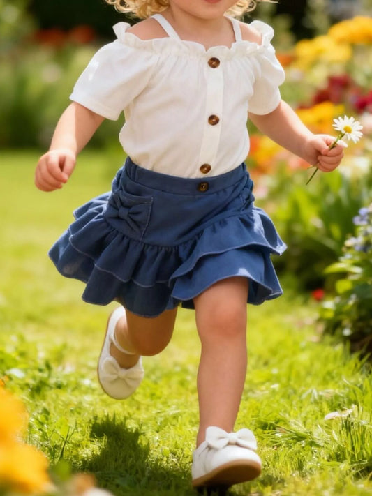 Children's Off-Shoulder Top and Ruffled Denim Skirt Set