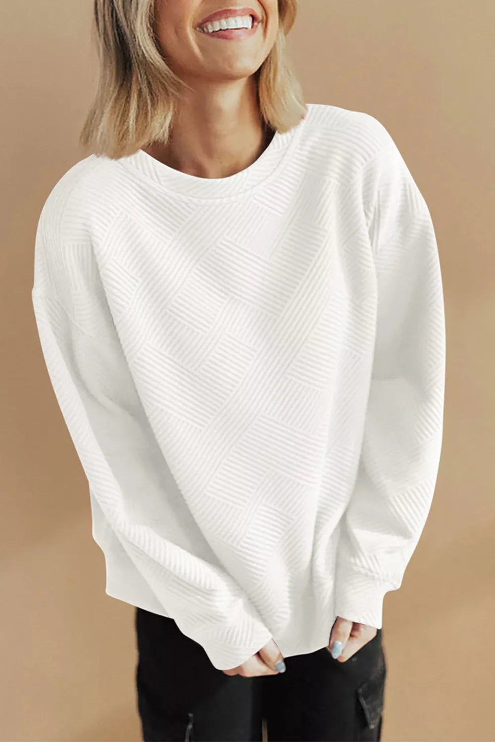 Solid Color Textured Round Neck Drop Shoulder Pullover Sweatshirt