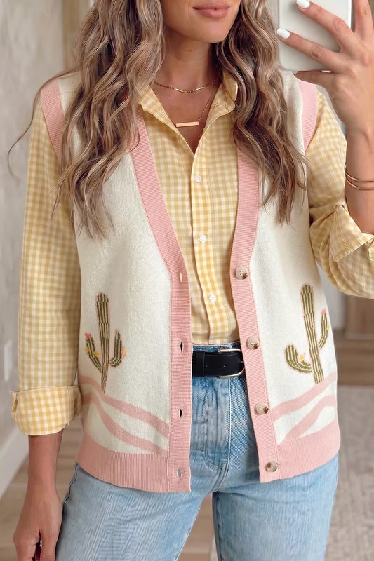 Color Block Trim Button Front Cactus Pattern Western Sweater Vest