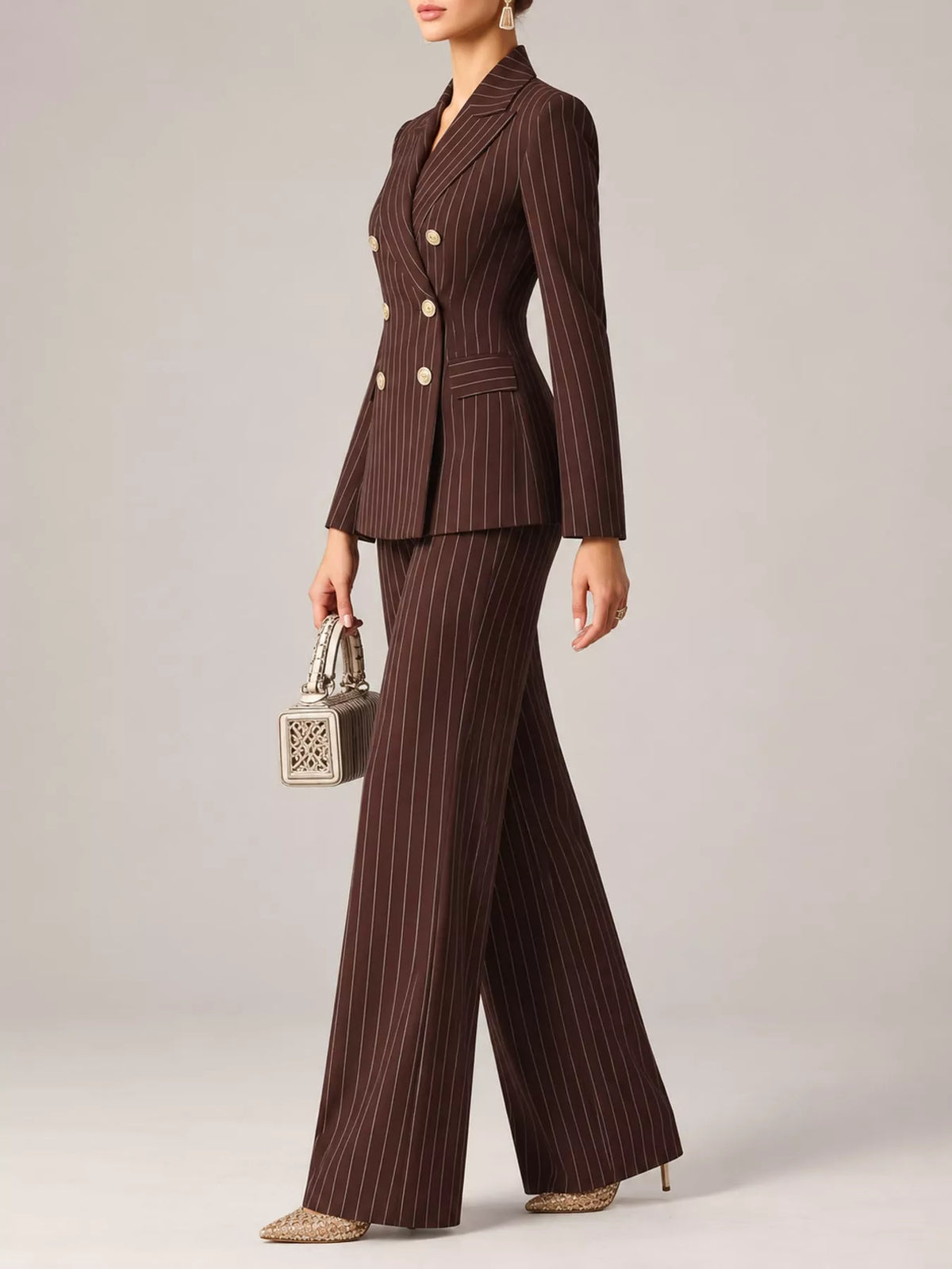 Double-Breasted Pinstripe Blazer and Wide-Leg Pants Set