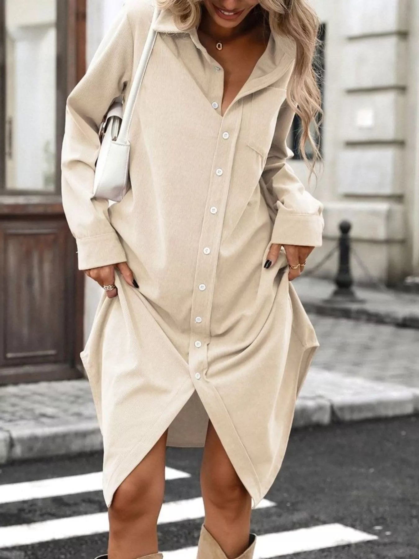 Corduroy Shirt Dress with Button-Down Front