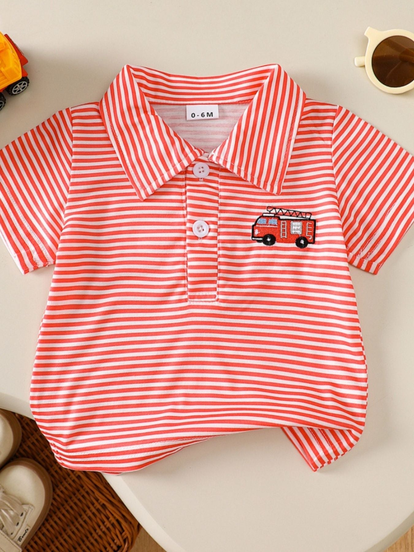Children's Striped Firetruck Embroidered T-Shirt