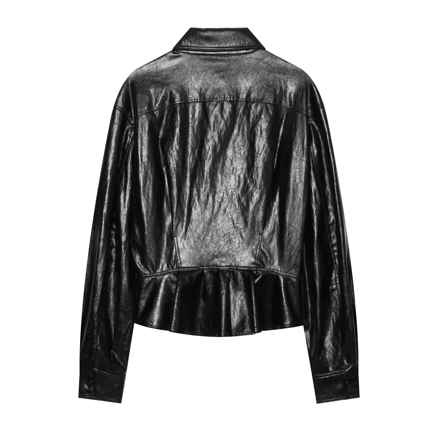 Crinkle Faux Leather Shirt Jacket with Peplum Hem