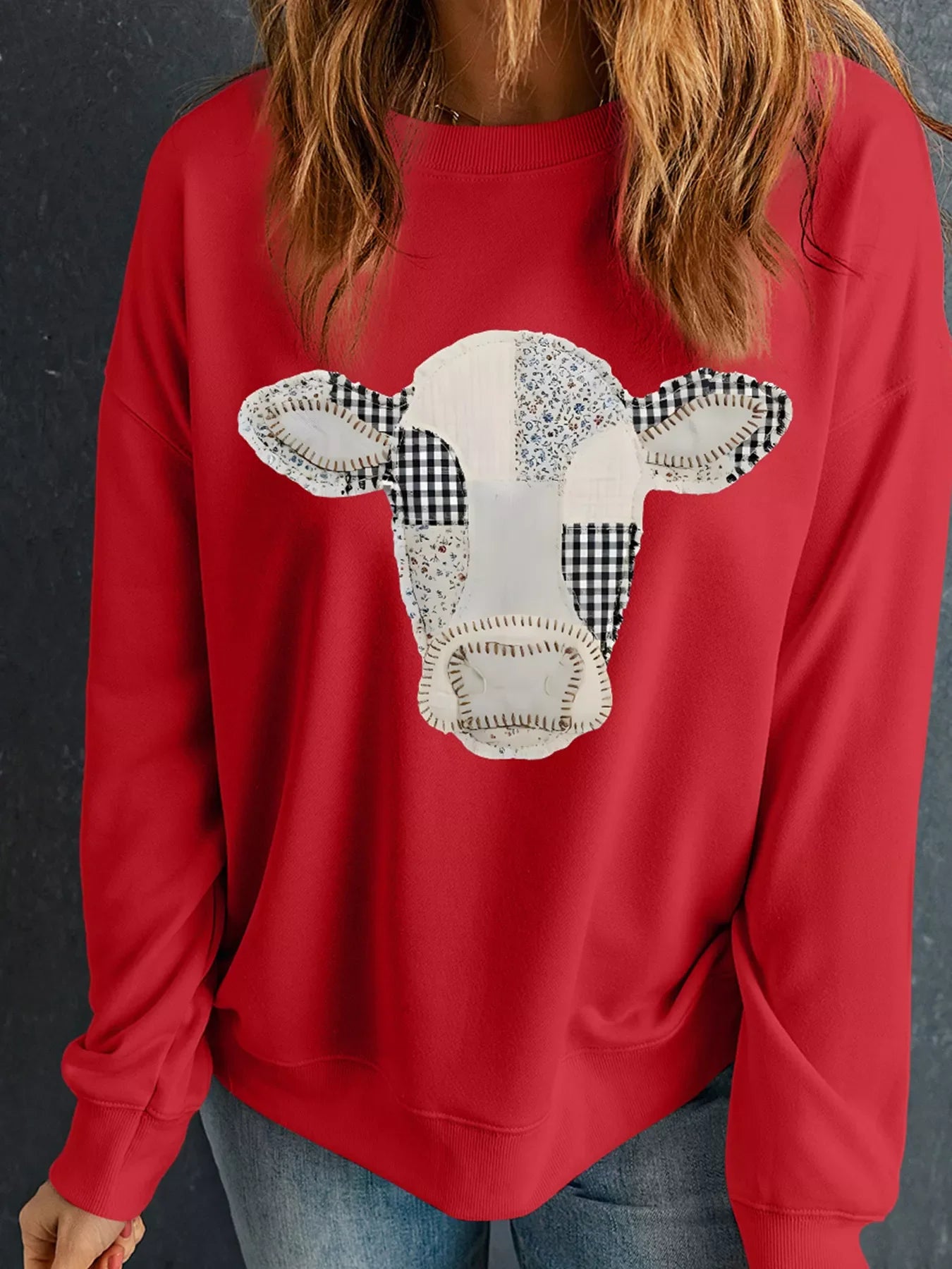 Western Patchwork Cow Drop Shoulder Sweatshirt