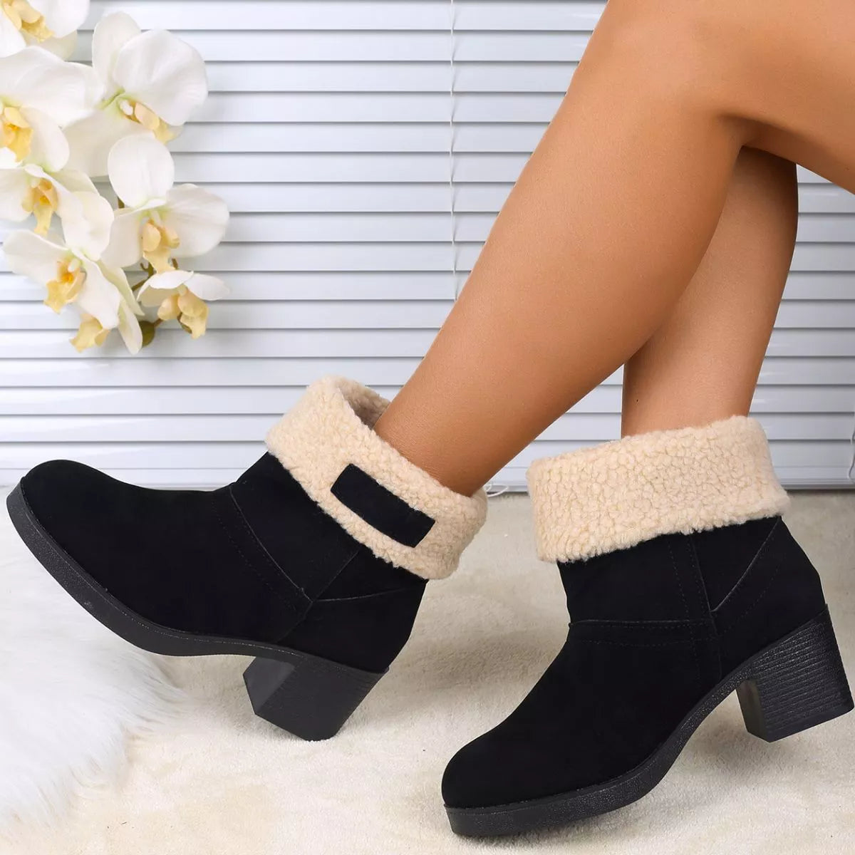Plush Cuff Block Heel Boots