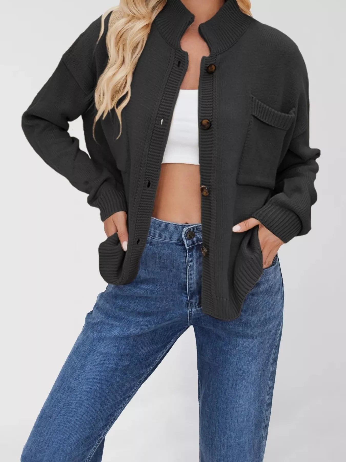Button Up Dropped Shoulder Cardigan