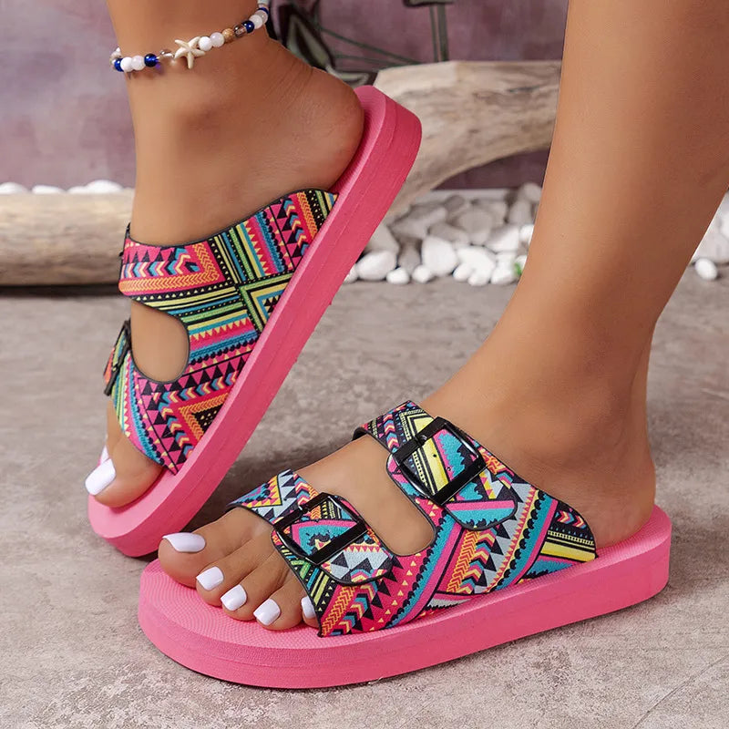 Ethnic Print Double Buckle Sandals
