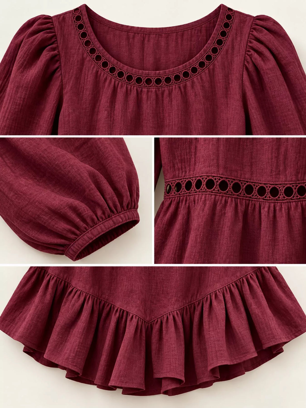Long Sleeve Blouse with Eyelet Lace Trim and Ruffled Hem