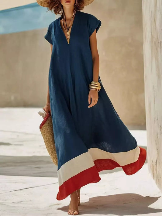 Color Block Hem V-Neck Maxi Dress