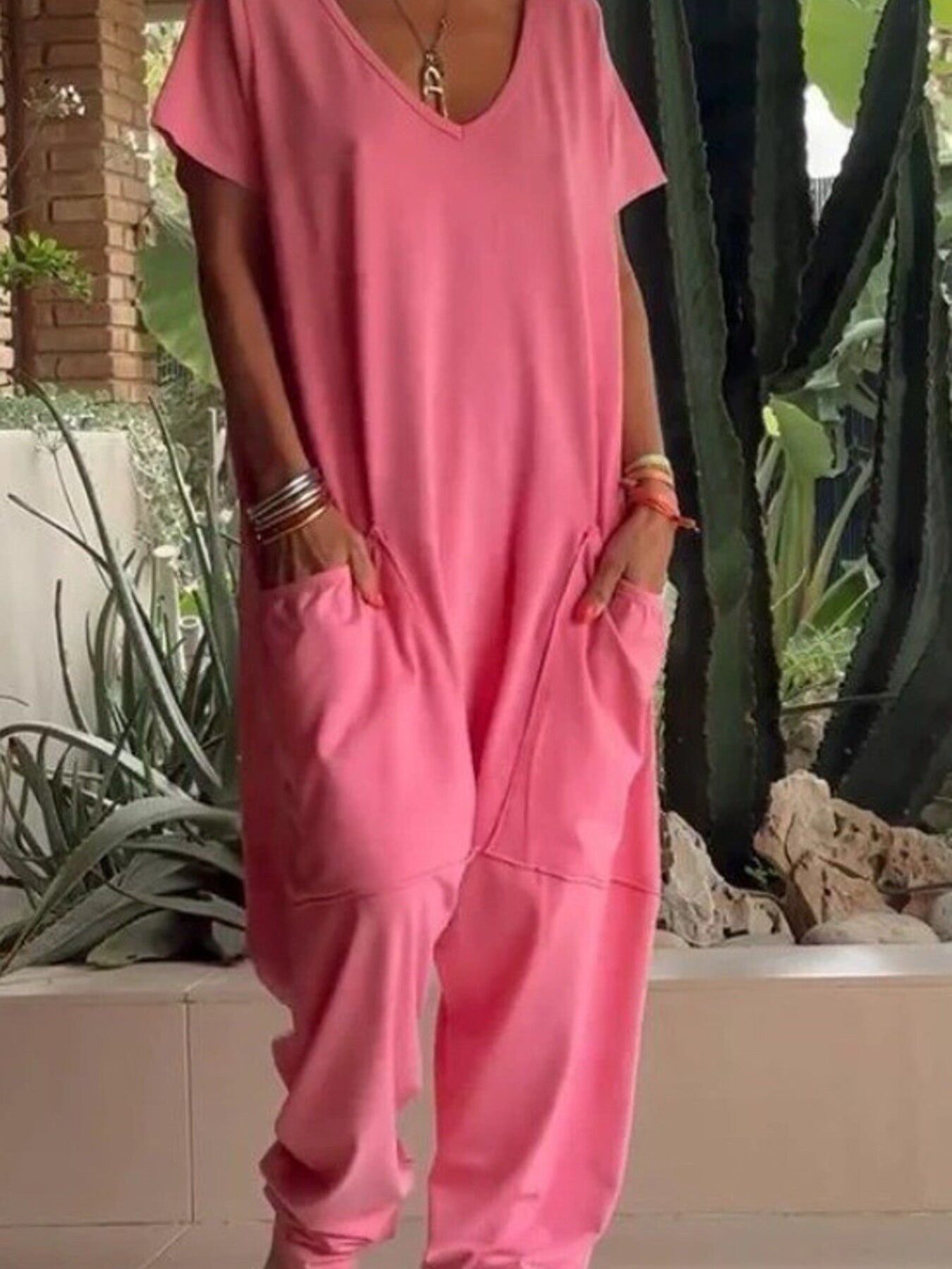 Full Size Loose Fit V-Neck Short Sleeve Wide Leg Jumpsuit Plus Size