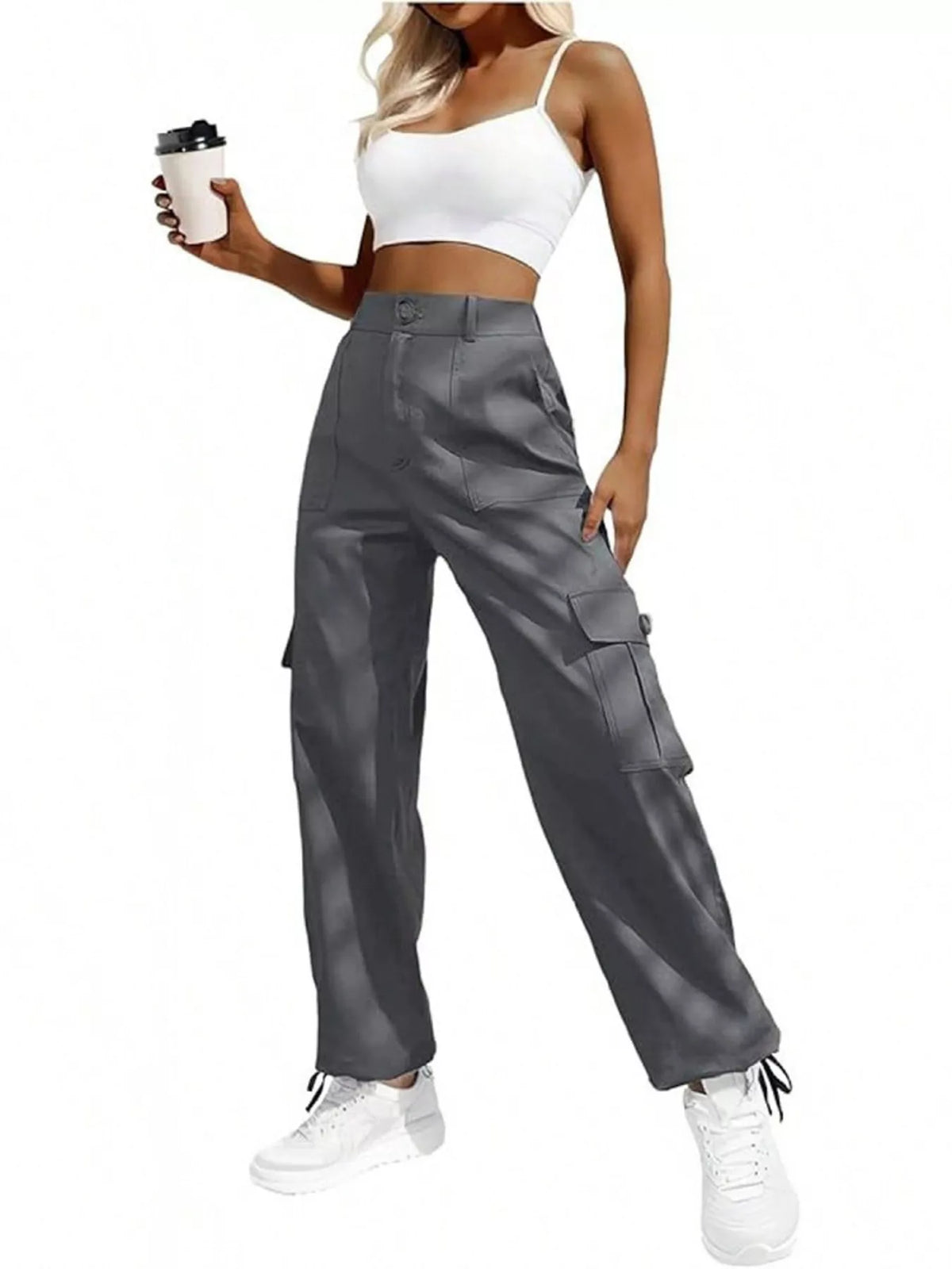 High-Waisted Cargo Pants with Drawstring Cuffs