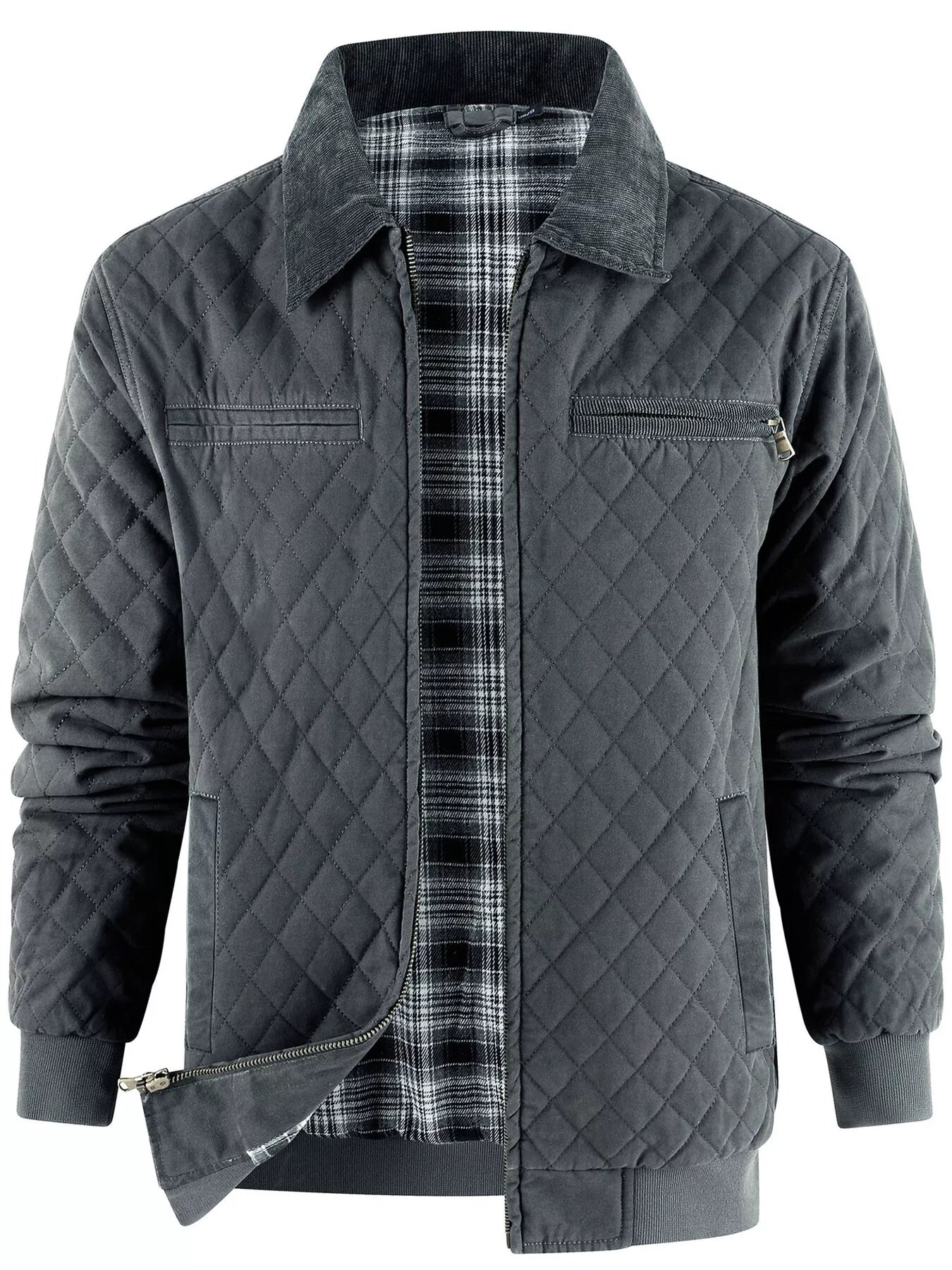 Men's Quilted Collared Neck Jacket with Plaid Lining