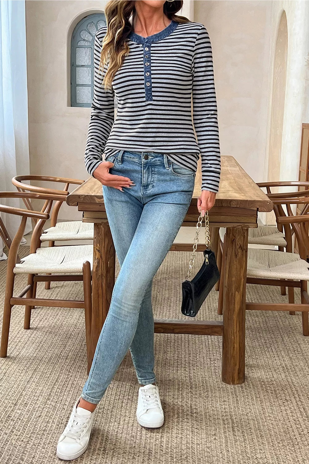 Stripe Denim Contrast Collar Half Button Long Sleeve Top