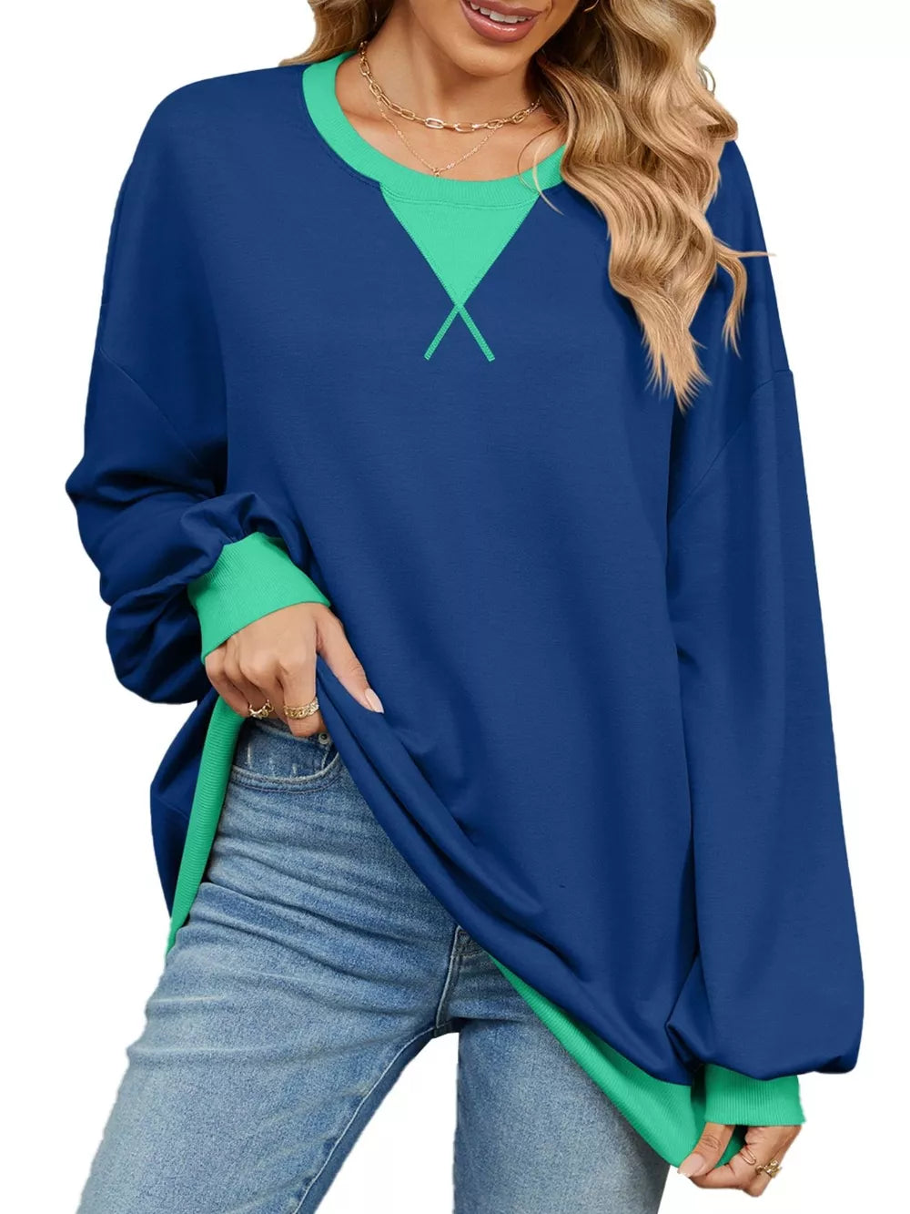 Contrast Round Neck Long Sleeve Sweatshirt