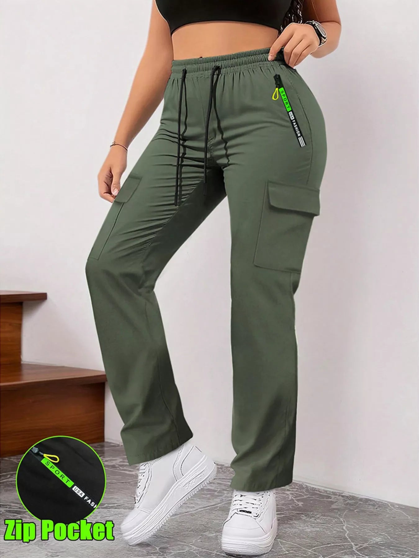 Full Size Drawstring Cargo Pants with Zip Pocket Plus Size