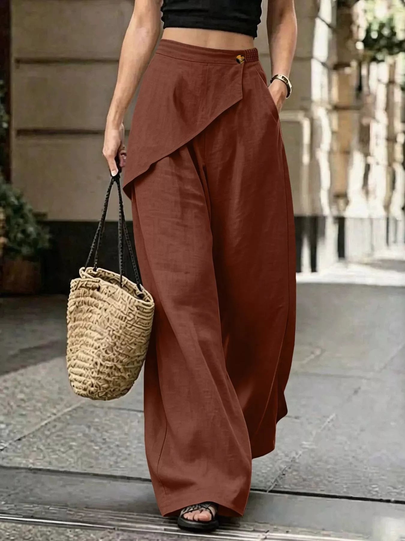 Asymmetrical Wrap Wide-Leg Pants