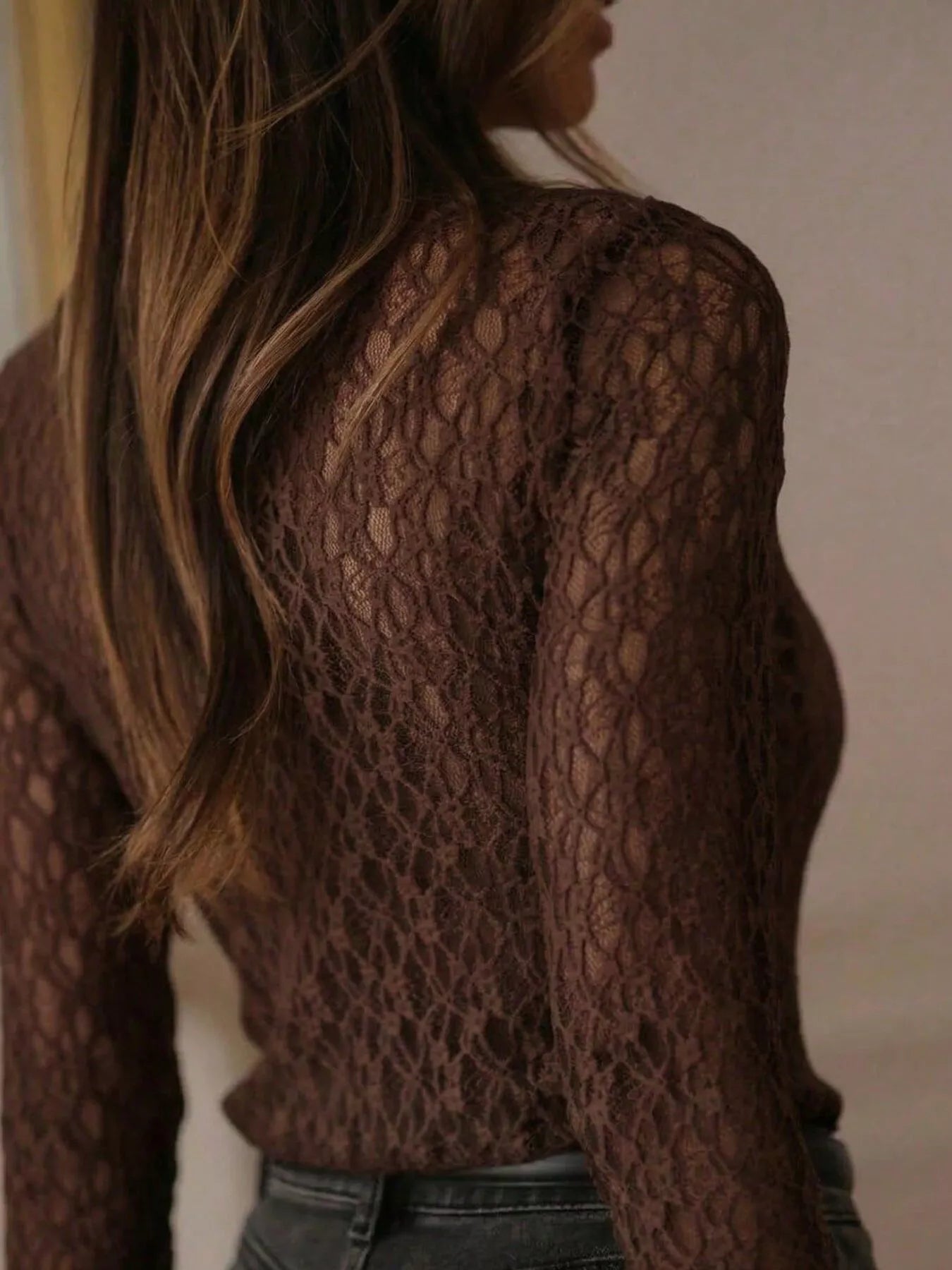 Mock Neck Sheer Lace Long Sleeve Top
