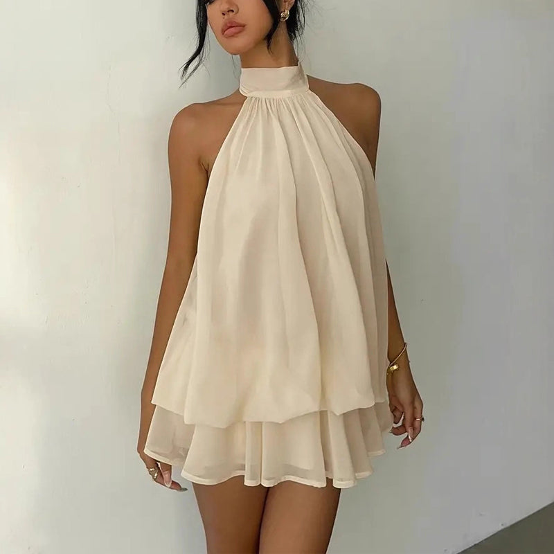 Women's Elegant Halter Mini Dress With Bow Tie Detail Ruffled Design Backless A-Line Summer Dress For Daily & Formal Wear (See size chart where applicable)