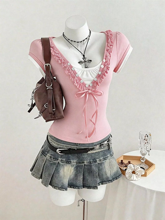 Frill Cap Sleeve Slim Fit T-Shirt