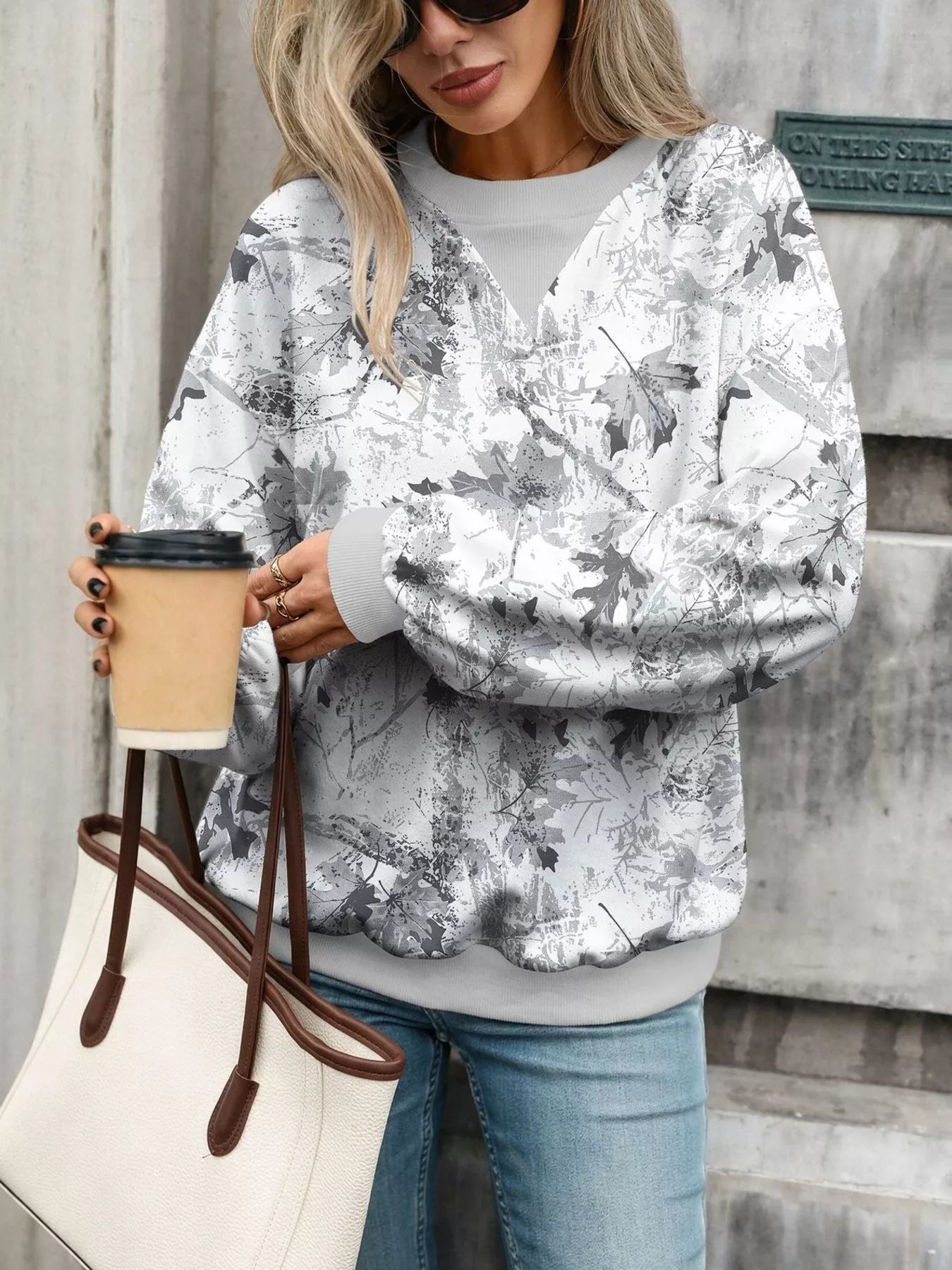 Leaf Print Sweatshirt with Contrasting Trim