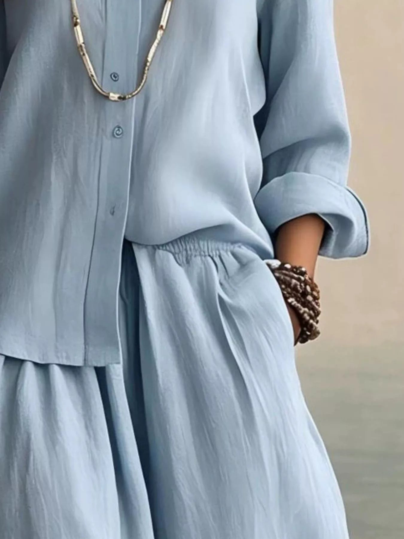Full Size Button Up Shirt and Wide-Leg Pants Set Plus Size