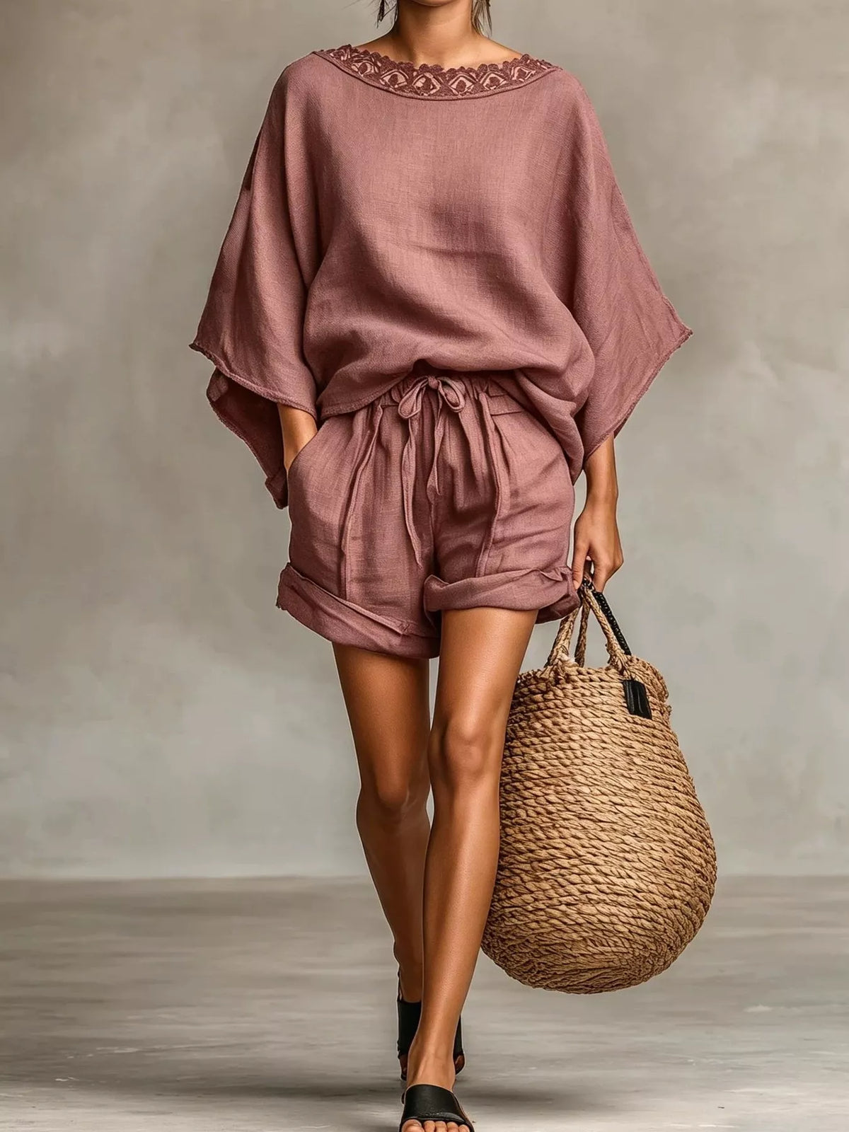 Lace Trim Top and Drawstring Shorts Set