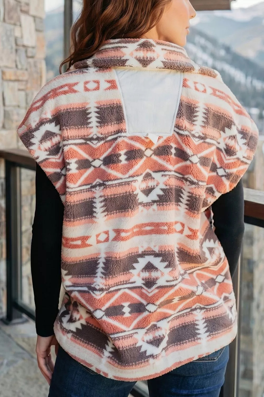Geometric Print Fleece Metal Button Placket Shift Silhouette Vest