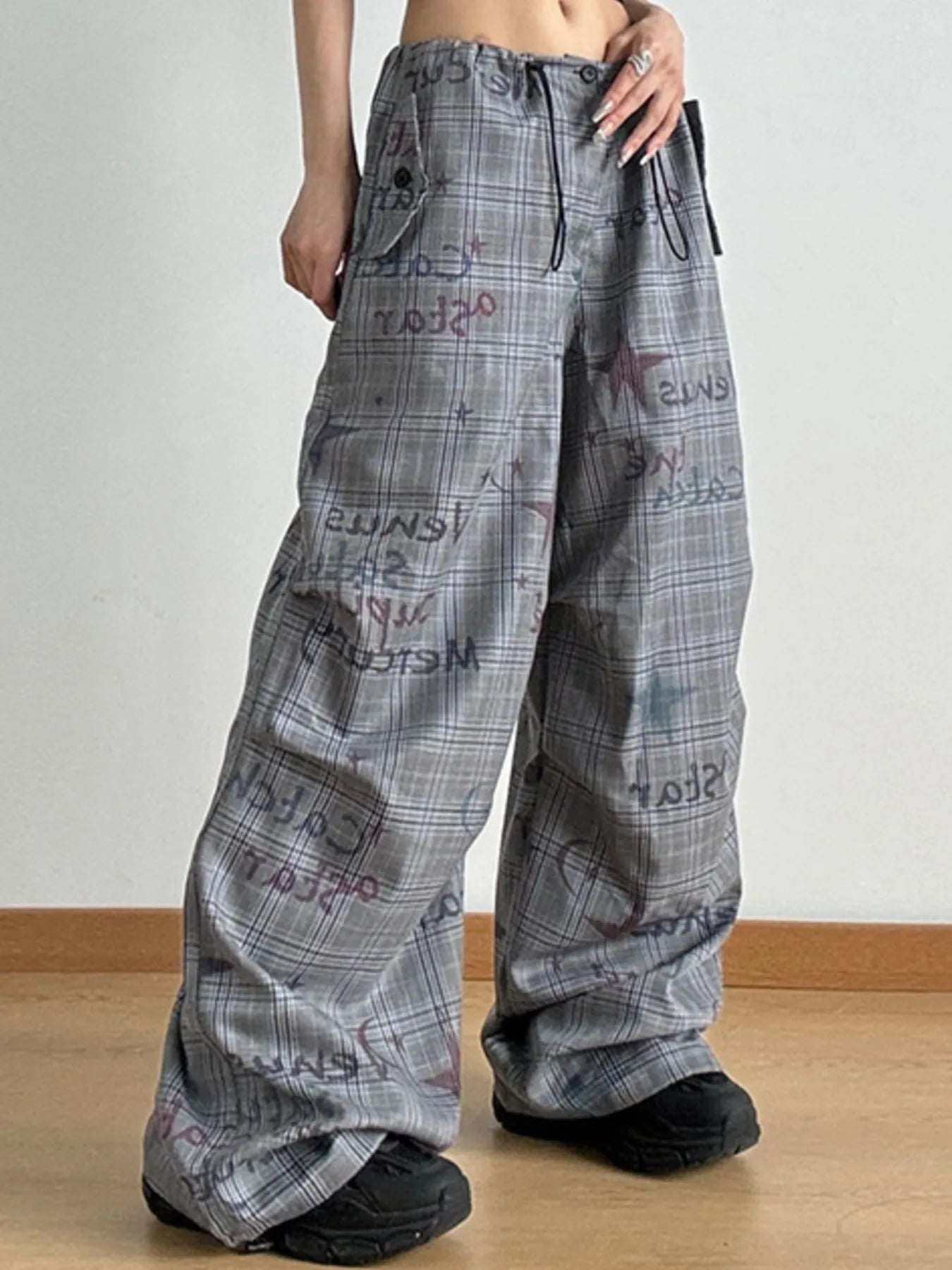 Drawstring Plaid Wide Leg Pants