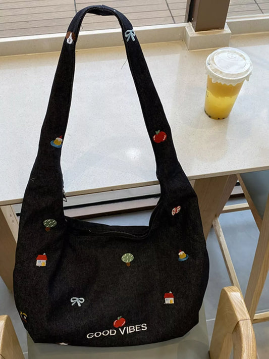 Embroidered Denim Crossbody Bag