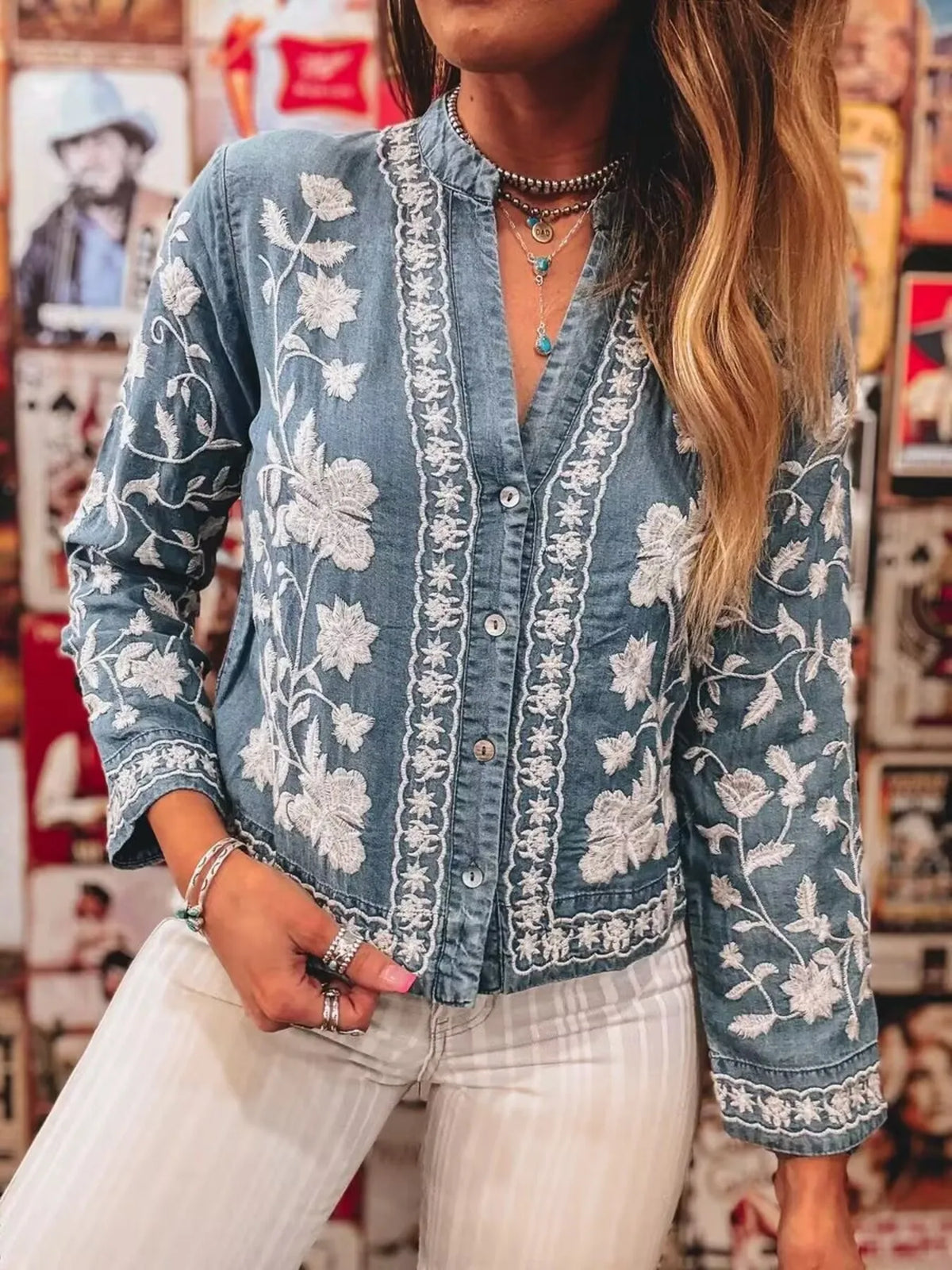 Floral Embroidered Button Up Denim Shirt