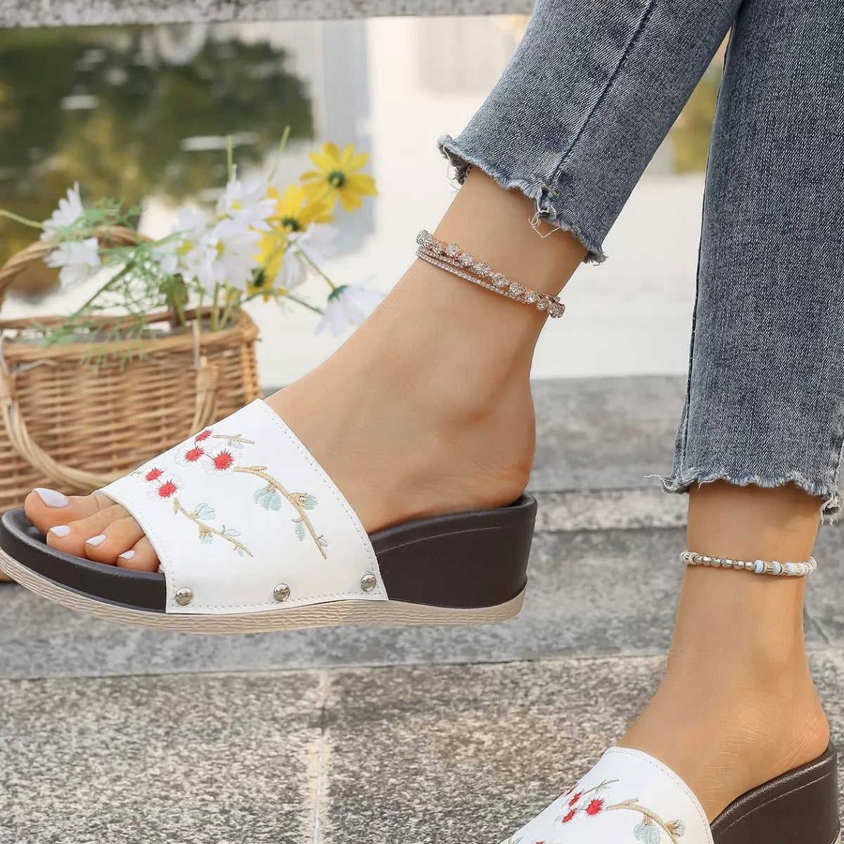 Floral Embroidered Wedge Sandals
